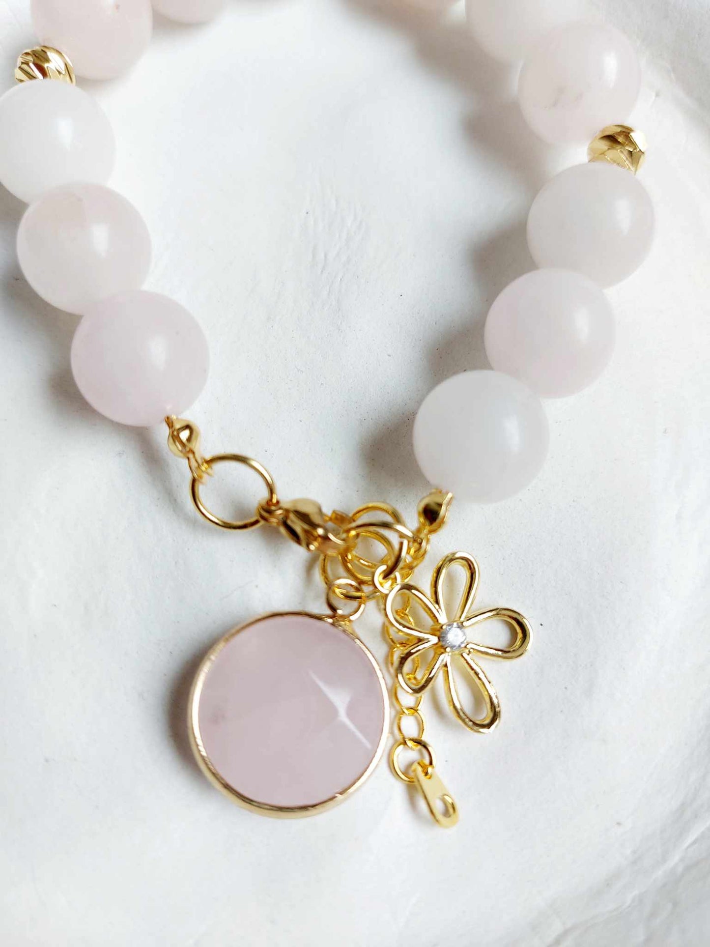 Rose Quartz Bracelet with 18k Gold plated flower charm and adjustable clasp