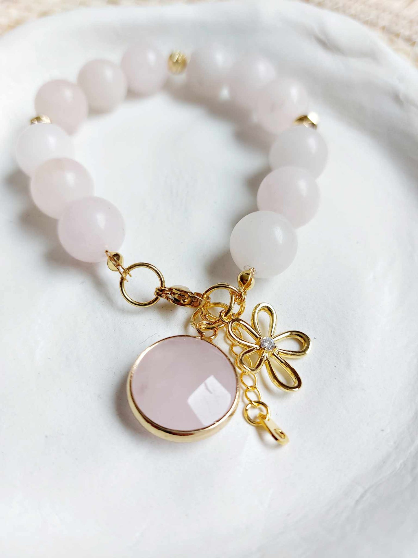 Rose Quartz Bracelet with 18k Gold plated flower charm and adjustable clasp