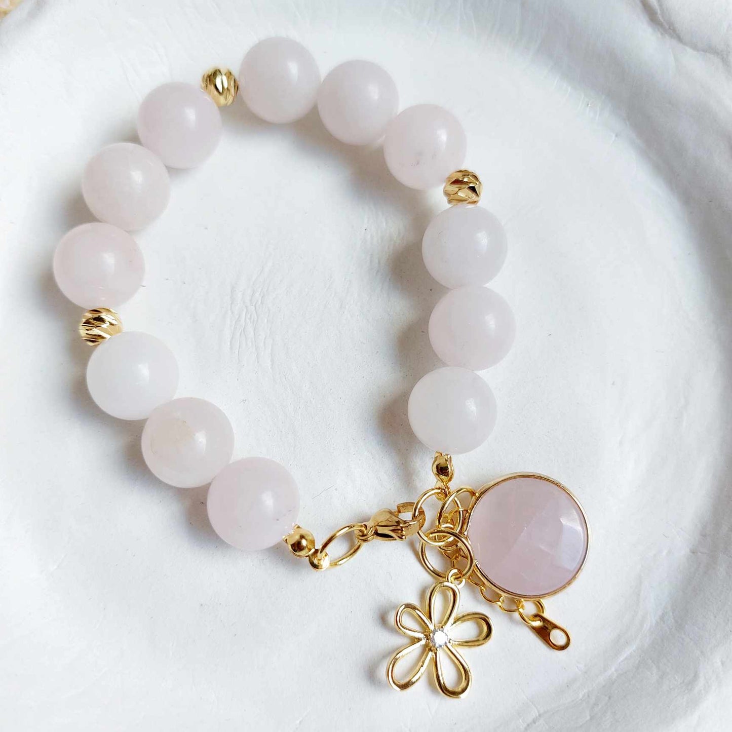 Rose Quartz Bracelet with 18k Gold plated flower charm and adjustable clasp