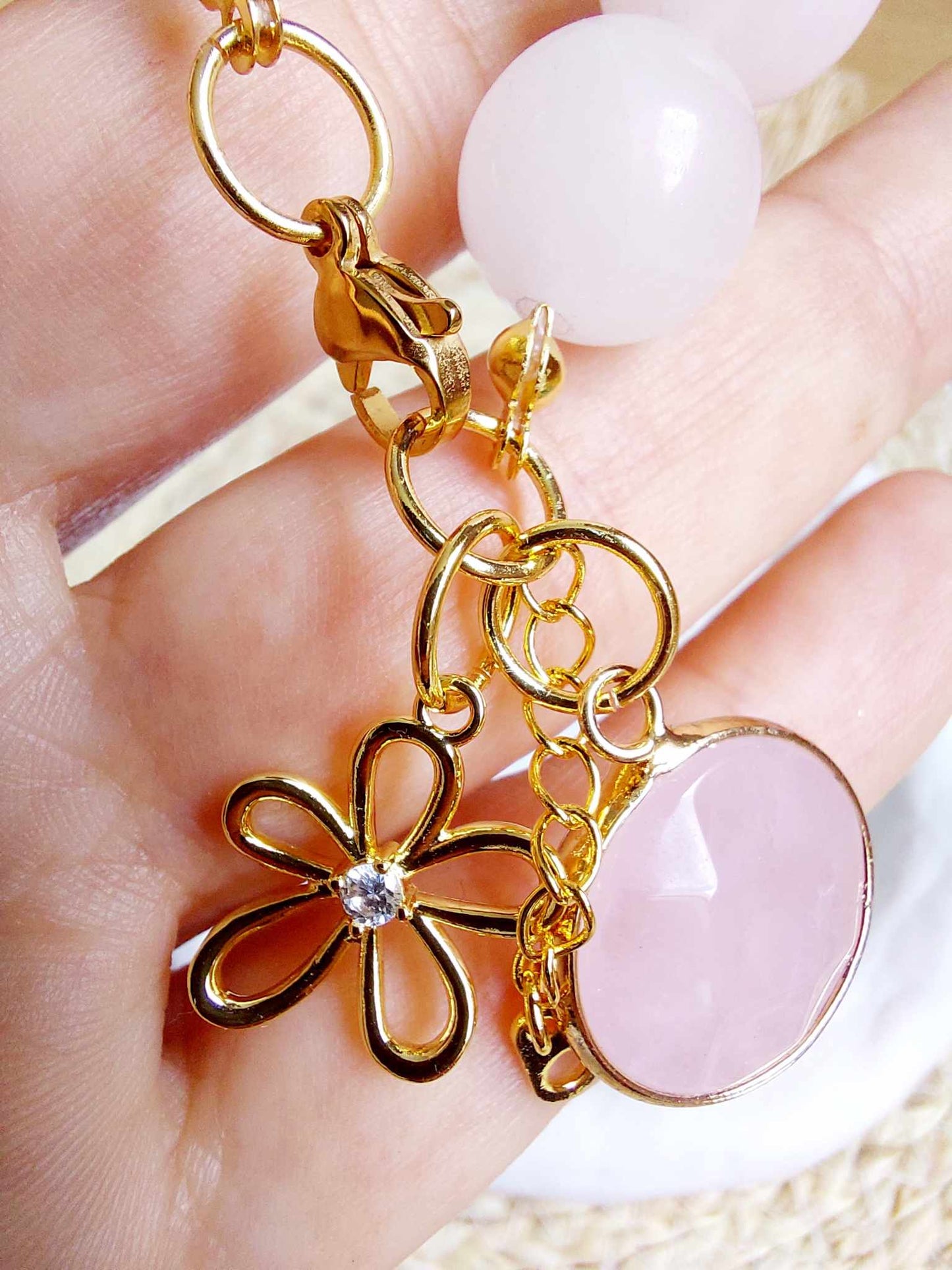 Rose Quartz Bracelet with 18k Gold plated flower charm and adjustable clasp